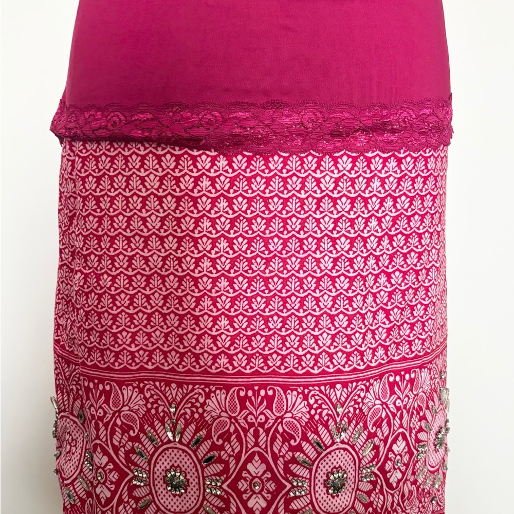 Fuchsia Beaded Pink Printed Midi Skirt